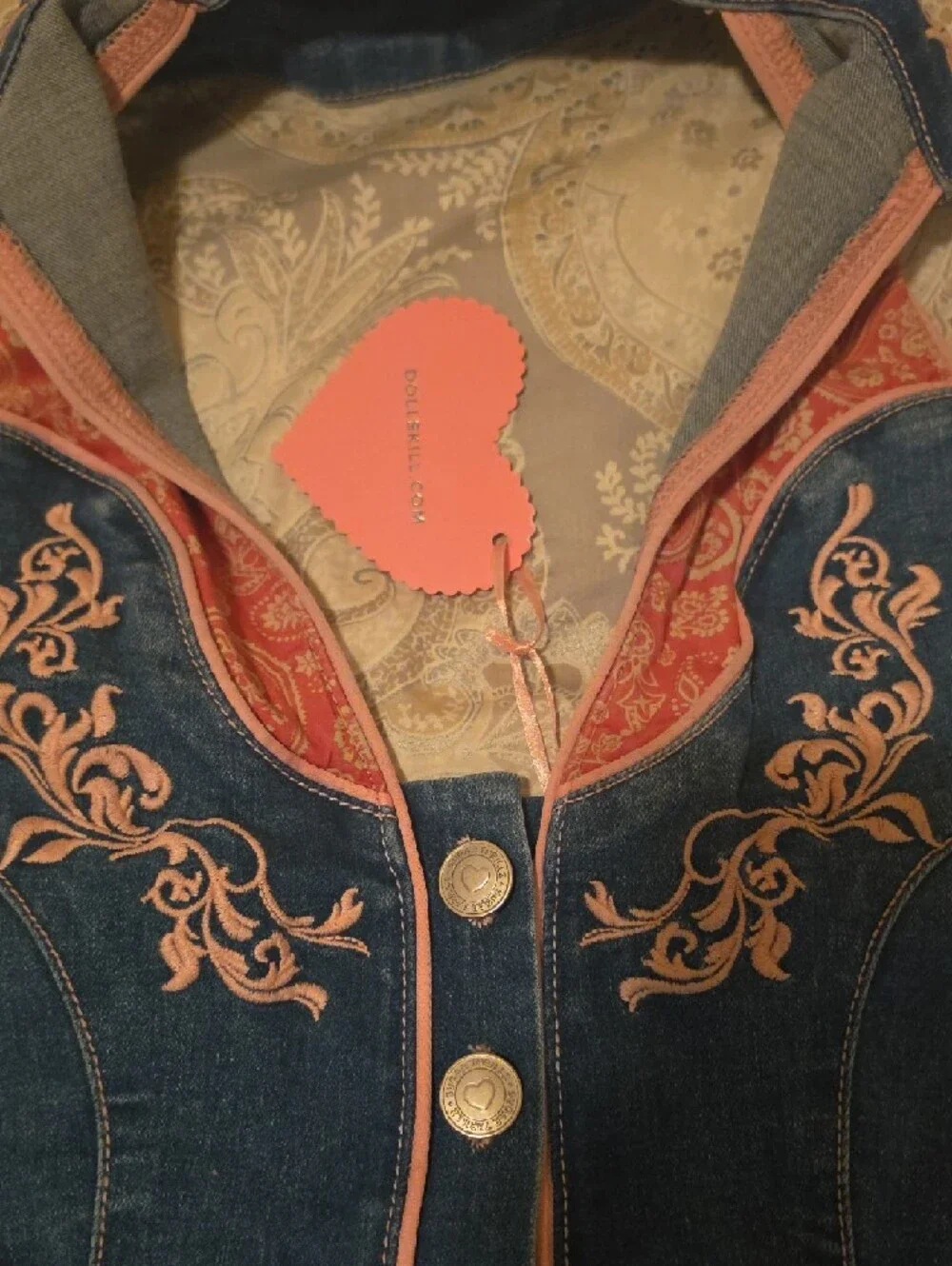 Dolls Kill Denim Romper with Pink Embroidery - Picture 2 of 4